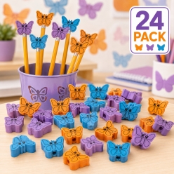 Rainforest Butterfly-Shaped Eraser Pencil Toppers-24Pk
